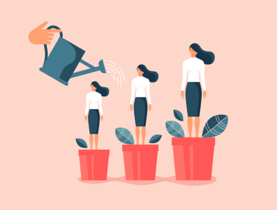 Staff development metaphor with watering can watering staff to develop them.