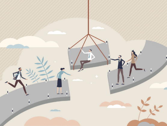 An illustration of group of people crossing a bridge with a gap