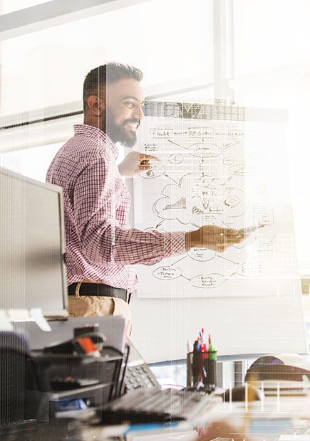Office worker standing at white board