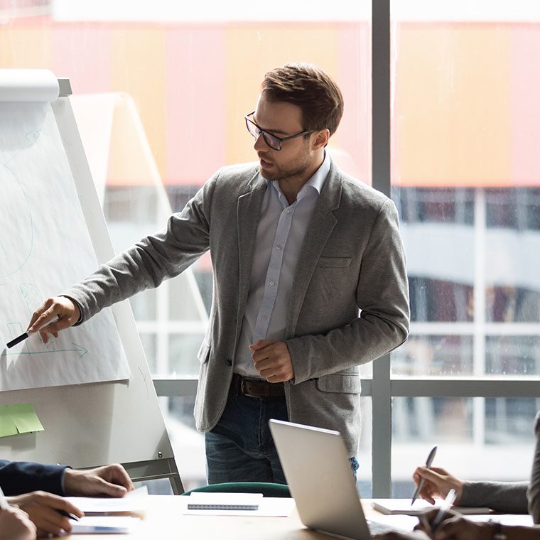 Male office worker leading a group of colleagues in a meeting