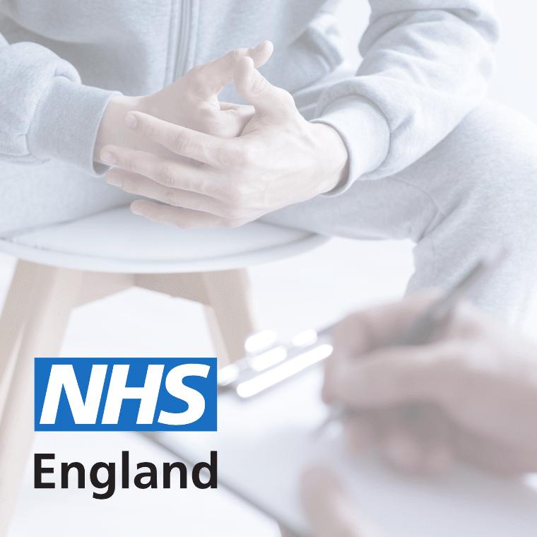 NHS England logo overlayed on an image of two people speaking in a clinical environment. One is wearing joggers and the other has a clipboard and is writing notes.
