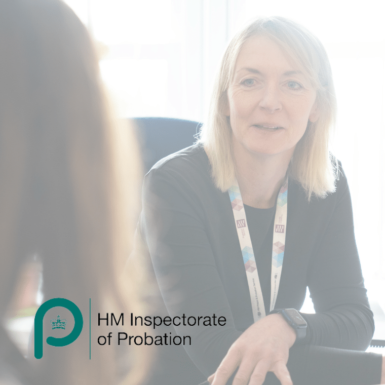 Probation officer at work. HM Inspectorate of Probation logo in the corner.