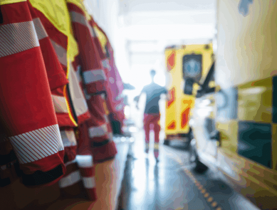 Selective focus on paramedic uniform of emergency service.