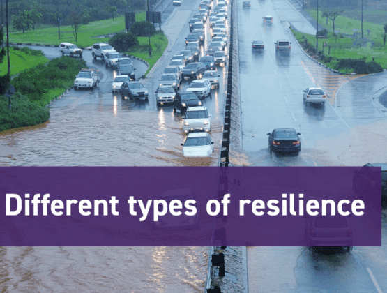 image shows a road flooded with lots of cars in it. text: Different types of resilience