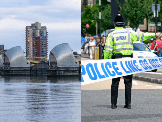 Image of flood defences on the Thames and a policeman on a busy street attending an incident.