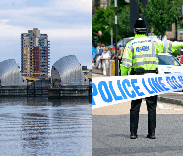 Image of flood defences on the Thames and a policeman on a busy street attending an incident.
