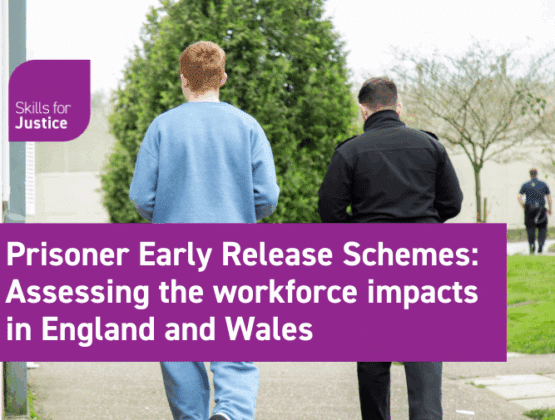 Picture shows a prison officer and a man wearing grey clothes walking away together. Text: Prisoner Early Release Schemes: Assessing the workforce impacts in England and Wales