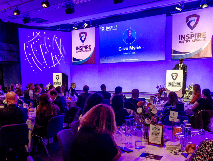 Clive Myrie on stage at the 2024 Inspire Justice Awards