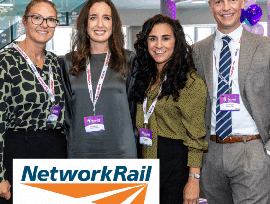 Sarah Boland and colleagues attending the Inspire Justice Awards. Network Rail logo overlayed.