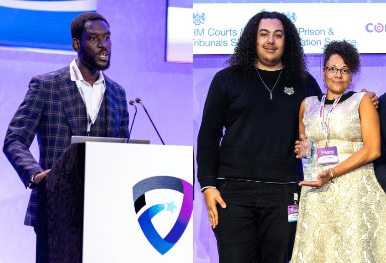 Kam Stevens speaking and Jeannine Burke receiving an award at the Inspire Justice Awards 2025