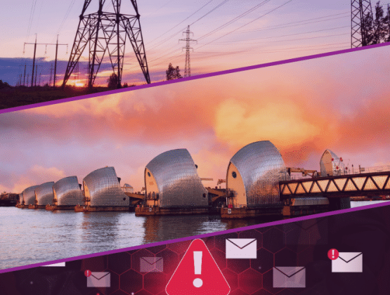 Various resilience-related images - large pylons, Thames Flood Barrier, and warning triangle for cyber attack.