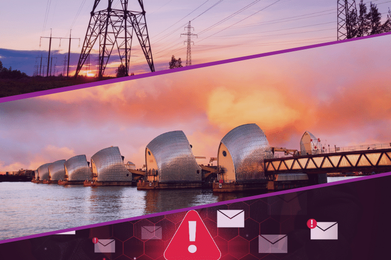 Various resilience-related images - large pylons, Thames Flood Barrier, and warning triangle for cyber attack.