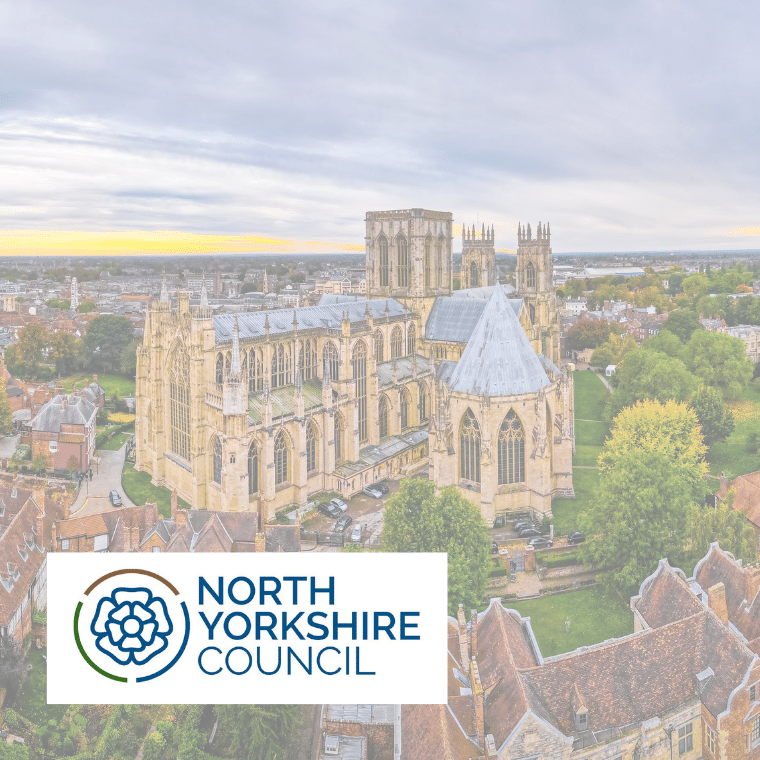 North Yorkshire Council logo overlayed on aerial photo of York minster