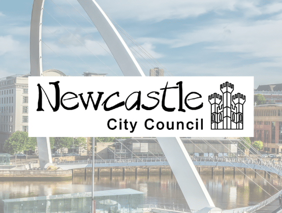 Newcastle City Council logo overlayed on a photo of Gateshead Millennium Bridge looking across to Newcastle