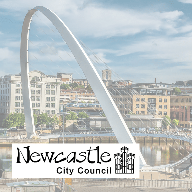 Newcastle City Council logo overlayed on a photo of Gateshead Millennium Bridge looking across to Newcastle