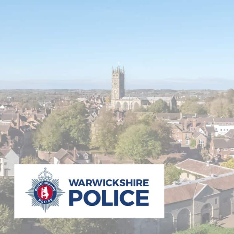 Warwickshire Police logo overlayed on a photo of the Warwickshire skyline