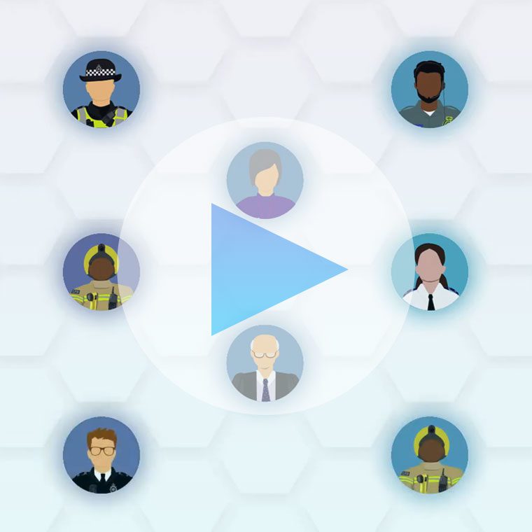 Illustrated icons of various workers in the sectors we work in with overlaid play button