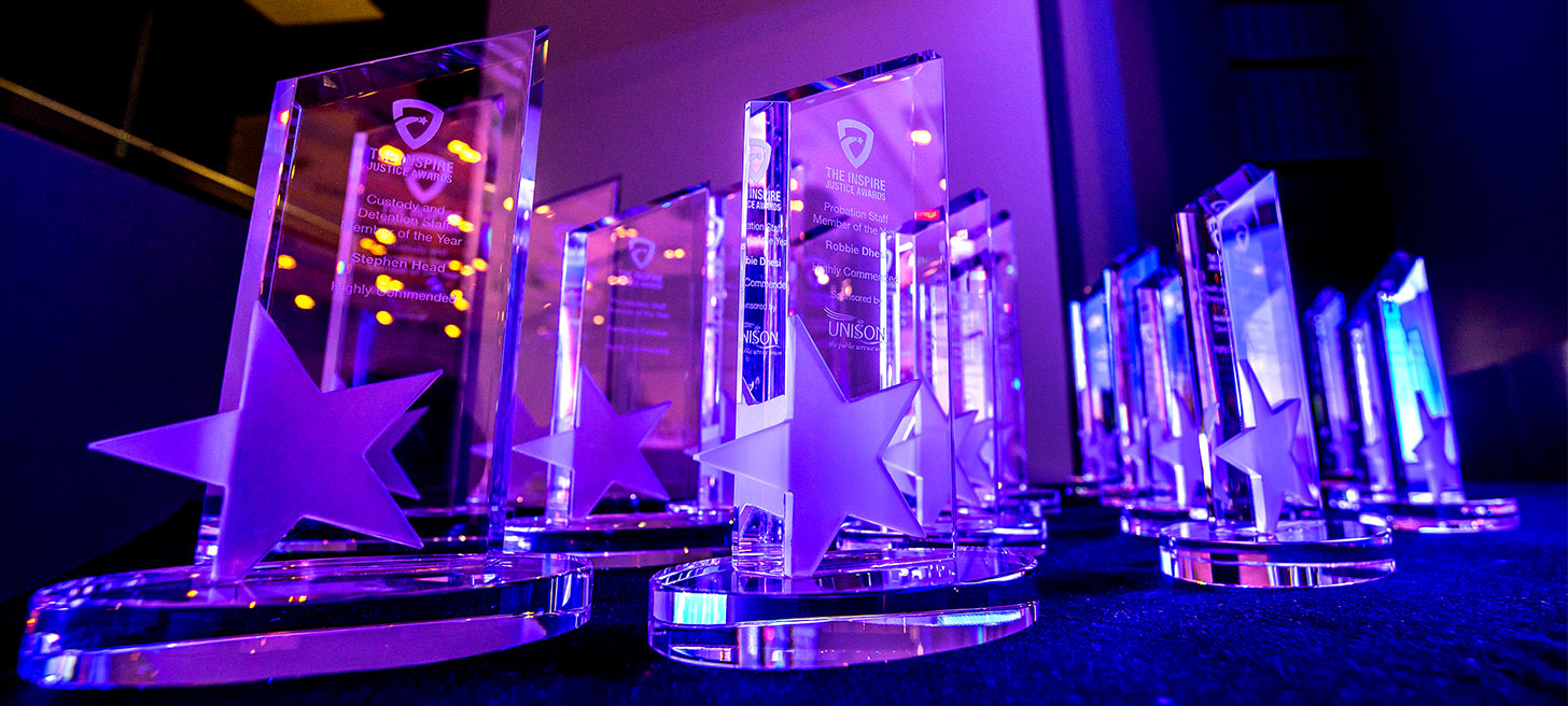 Trophies at the 2023 Inspire Justice Awards ceremony