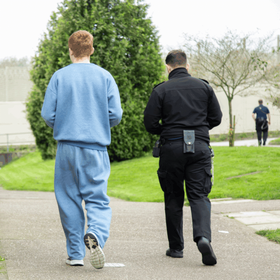 A prison officer and inmate walking together in a prison setting