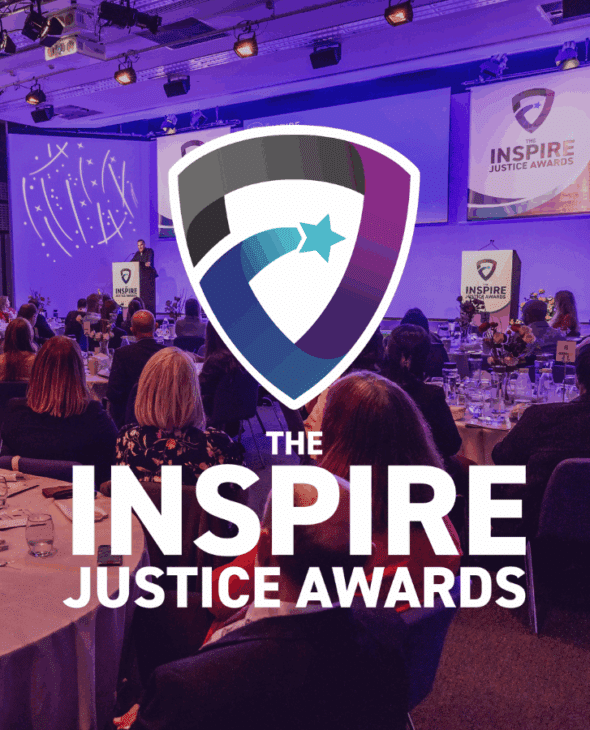 Inspire Justice Awards logo overlayed on an photo from the 2024 ceremony